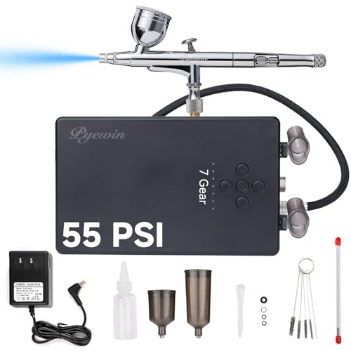 55PSI Airbrush Kit with Air Compressor, 7-Gear, Low-Noise, Dual-Action Air Brush Gun for Nails, Cake Decorating, Barber, Makeup & Crafts