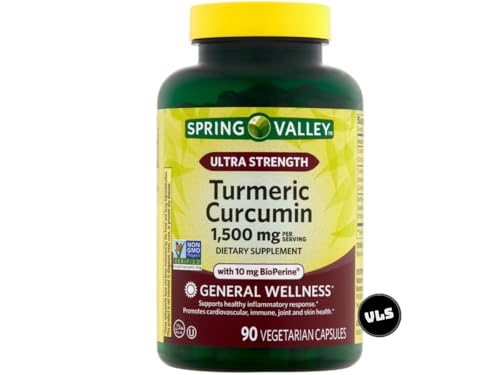 Spring Valley Turmeric Curcumin 1500 mg Ultra Strength General Wellness Dietary Curcumin Supplements Vegetarian 90 Count Bundle with VLS Sticker