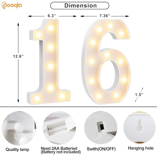 Image of Pooqla 16th Birthday Decorations for Girls Boys, Large 12.6 in Tall Light Up Numbers for Sweet 16 Party Decorations Table Decor, Big Marquee Numbers 16th Birthday Gift for Girls Anniversary Decor