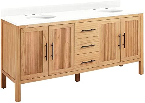 Signature Hardware 481832 Ayanna 72" Free Standing Double Vanity Set with Mindi Wood Cabinet, Vanity Top and Oval Undermount Vitreous China Sink - 8" Faucet Holes - Natural Mindi/Feathered White