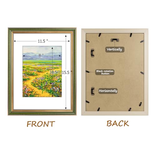 Image of Golden State Art,12x16 Ornate Picture Frame Holds 8.5x11 Photo,Green Gold | Includes real glass front,white mat,build-in hangers and buttons.Displays 8.5x11 photo on wall