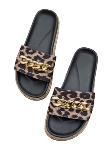 Women's Leopard Print Slide Sandals Open Toe Platform Sandals Summer Vacation Slip on Slides with Metal Chain