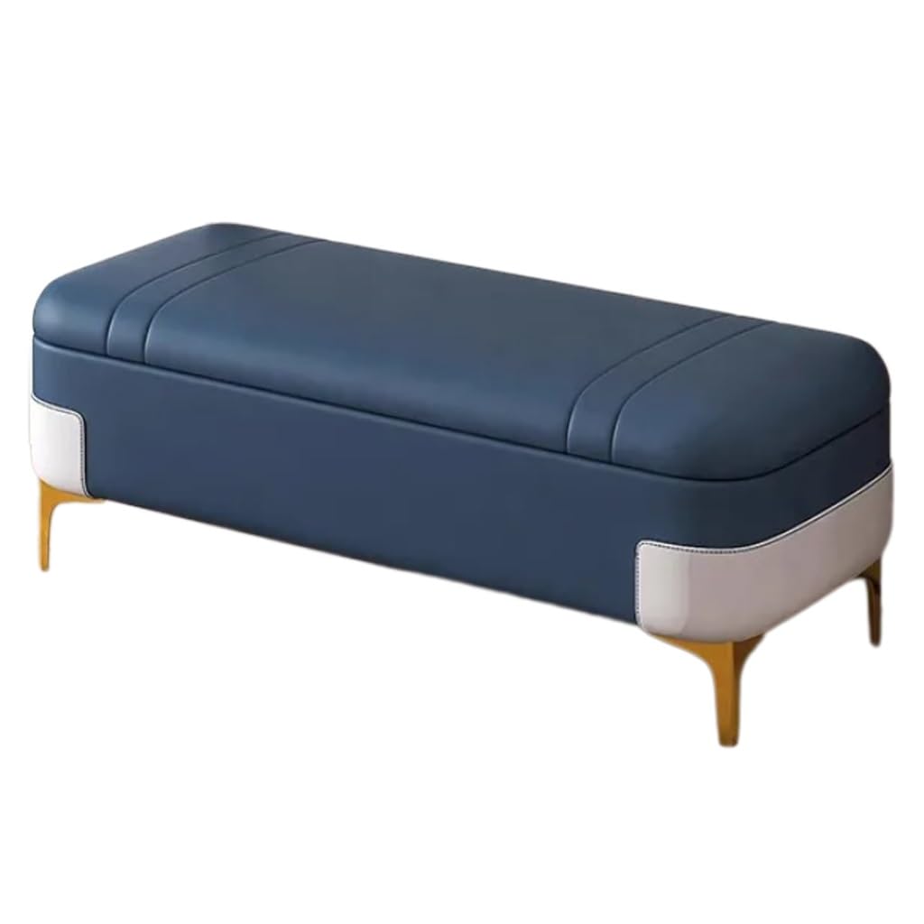 Banc de rangement rembourré bleu au design raffiné avec pieds en métal