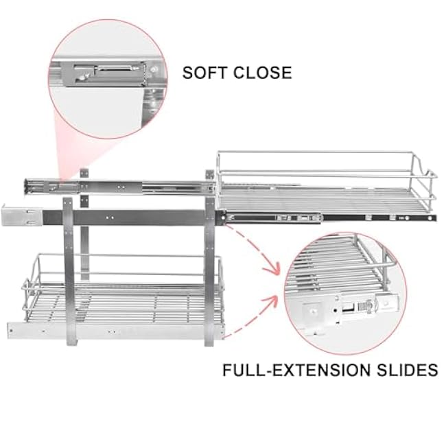 2 Tier Pull Out Cabinet Organizer,(17?W x 22 D) Soft Close Slide Out Drawer For Kitchen Base Cabinet, Individual Pull Out Shelf, Roll Out Pantry Organization, 22 Inch Deep
