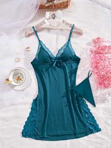 Image of Foxiny Sexy Split Side Floral Lace Trim Full Slip Night Gown Babydoll Lingerie Dress with Thong 2 piece