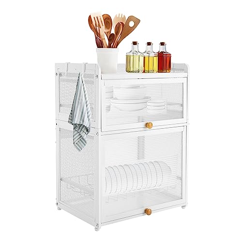 QIUTMER Dish Drying Rack, 3 Tiers Dish Rack for Kitchen Counter, Dish Organizer Cutlery Drainer with Door and Detachable Drip Tray, Modern Free-Standing Storage Box Basket for Bowls, White