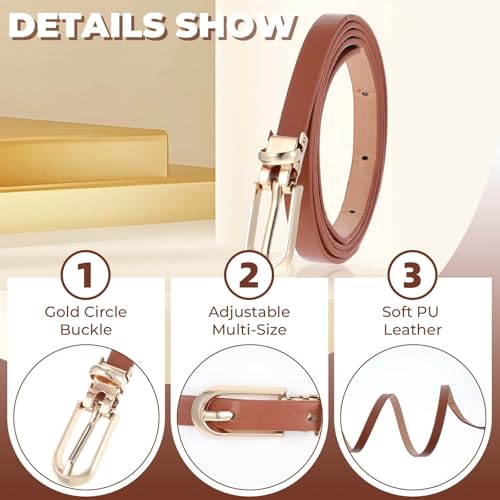 2 Pack Women Skinny Leather Belt for Jeans Dresses Pants Coats Thin Leather Black Brown Waist Belt with Adjustable Gold Metal Buckle for Shirts Sweaters Coats Women Ladies Girls3