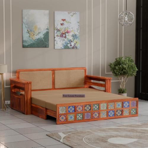 Image of Wooden Sofa Cum Bed for Living Room | Convertible Sofa Bed with Storage | 3 Seater Foldable Sleeper Sofa | Solid Wood Pull Out Sofa Bed with Mattress for Home & Guest Room (Honey, Anna)