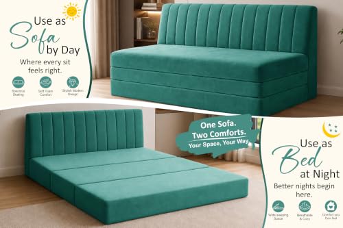 Image of 3-Seater Velvet Sofa Cum Bed | Convertible Sleeper Sofa | Modern Foldable Couch for Living Room, Bedroom & Office | Green