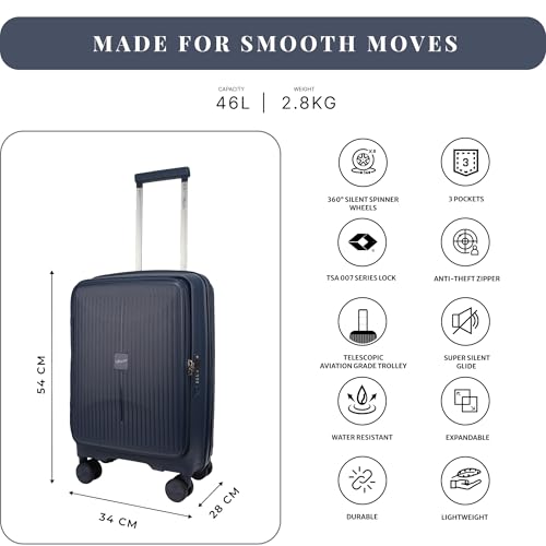 Image of F Gear Myton Navy Small Front Opening Hard Luggage | Lightweight Expandable Cabin Carry-On Suitcase with 360 Spinner Silent 8-Wheels, Built-in TSA Lock, Anti-Theft Zipper & 3-Level Telescopic Trolley