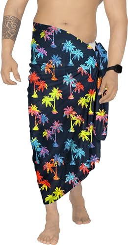 LA LEELA Men's Bath Trunk Swimsuits Summer Sarong Pareo Wrap One Size Palm Tree, Blue