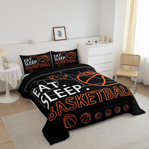 Image of Feelyou Basketball Comforter Set Black Bedding Queen Size for Kids