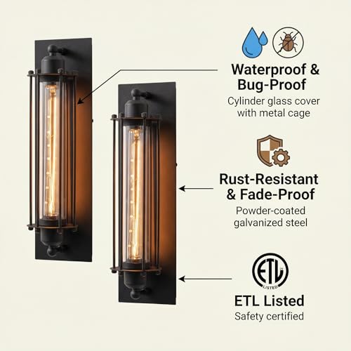 Image of mirrea 18-Inch Industrial Outdoor Wall Light Sconce, Matte Black, Set of 2