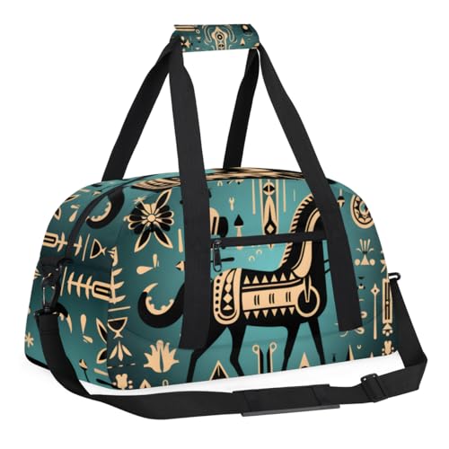 Ancient Egyptian Style Horse Gym Travel Duffle Bag for Boys - Gymnastics Sports Dance Bag with Front Zipper Pocket for School Practice or Overnight Travel Weekender Sleepover Tote Bag Horse Print