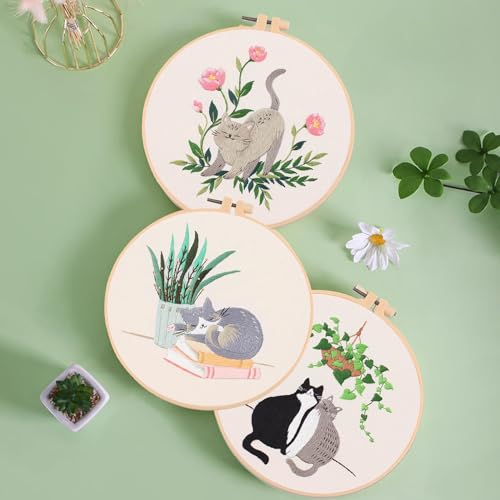 Image of Ohcol 3 Sets Cat Embroidery Kit,Needlepoint Kits for Adults Beginner,Needle Point Sets with Washable Pre-Printed Pattern,1 Hoop,Women Hand Crafts