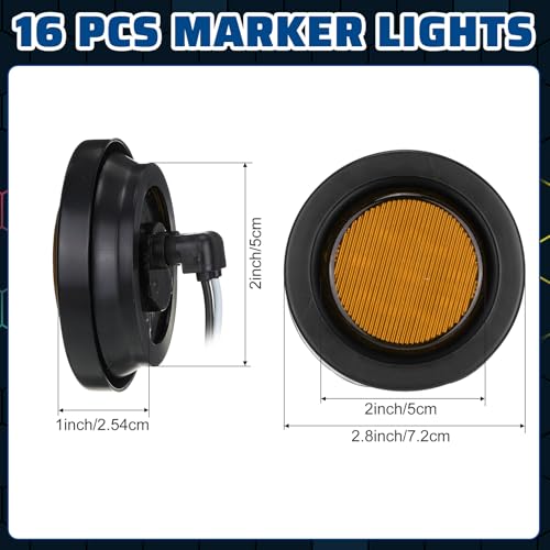Image of Treela 16 Pcs 2 Inch LED Marker Lights 10 LEDs Round Trailer Light Waterproof Sealed with Rubber Flush Mount Grommet 2 Prong Wire Pigtails for RV Truck Semi Trailer Side Tail Lights(Yellow)