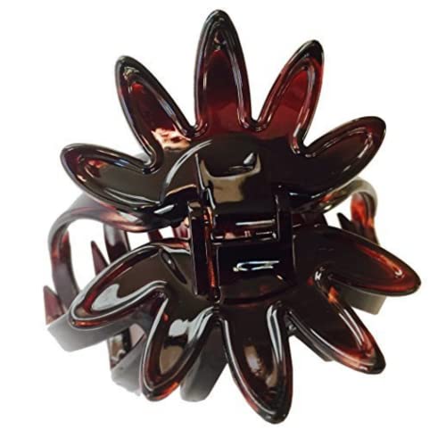 Parcelona French Flower Wide Tortoise Shell Brown 3" Covered Spring Celluloid Jaw Flexible No Slip Styling Hair Claw Clips for Women Durable and Styling Girls Paris Hair Accessories, Made in France