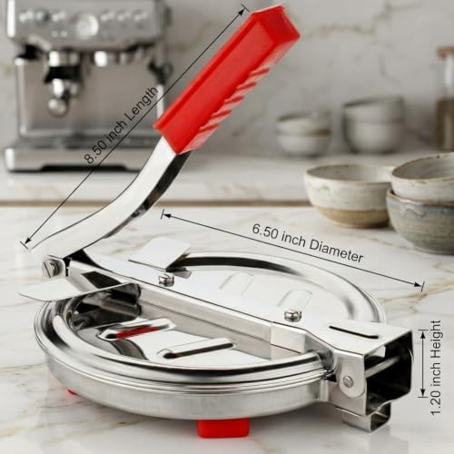 Image of Heavy-Duty Stainless Steel Roti /Tortilla Press with Handle - Manual Flatbread Maker for Chapati, Paratha, Puri & More - 6.50-Inch Plate, Easy to Use & Clean (Random Color & Random Design)