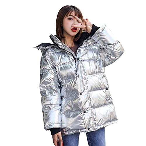 OLSKFUH Chaqueta De Plumón Plateada Brillante para Invierno, con Capucha Desmontable, Parka Cálida, Holgada, Gruesa, Impermeable, Corta, para Mujer, para La Nieve,Snow-Large
