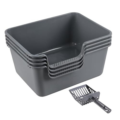 Bringer 4-Pack Plastic Open High Sided Cat Litter Box, High Wall Cat Litter Box with Scoop, Gray