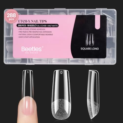 Image of Beetles Gel Nail Tips Long Square 10 Sizes, 288Pcs Pre Shaped Half Matte