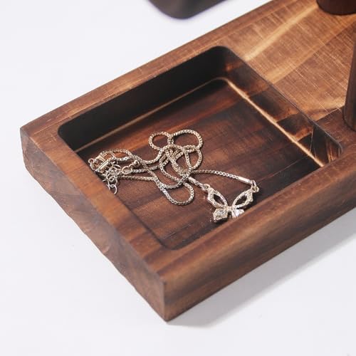 Image of ByKen Necklace Holder,Bracelet Holder,Jewelry Organizer Stand with Earrings Rings Tray,Jewelry Holder for Scrunchie Watches (Wood)