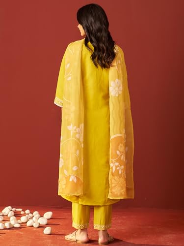 Image of INDO ERA Women's Straight Silk Blend Ethnic Motifs Printed Embroidered Kurta & Pant with Dupatta Set (IESTR11066)