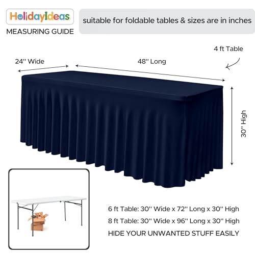Image of HolidayIdeas 4ft Spandex Tablecloth 2 Pack Fitted Stretch Table Skirts 24x48 Inch,Navy Blue Ruffle Design Wrinkle-Free Polyester Table Cover for Vendor Booth, Parties Banquets, Events