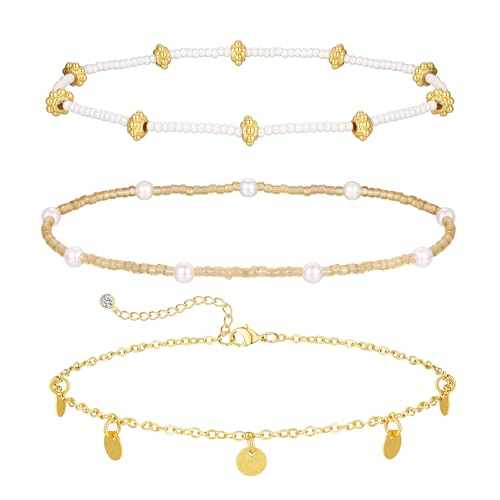 Image of Gold Ankle Bracelets for Women,14k Gold /Silver Plated Waterproof Layered lightweight Cuban Link Figaro Chain Heart anklet Bracelets Set Gold Anklets for women Trendy Jewelry Gift