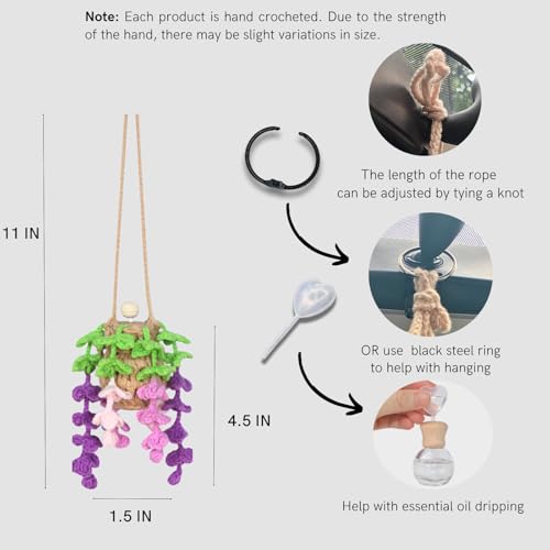 Image of ROFIGL Handmade Crochet Hanging Car Air Freshener - Botanical Wisteria Blossom Design with 12ml Refillable Glass Essential Oil Bottle, Long-Lasting Car Diffuser & Nature-Inspired Decor