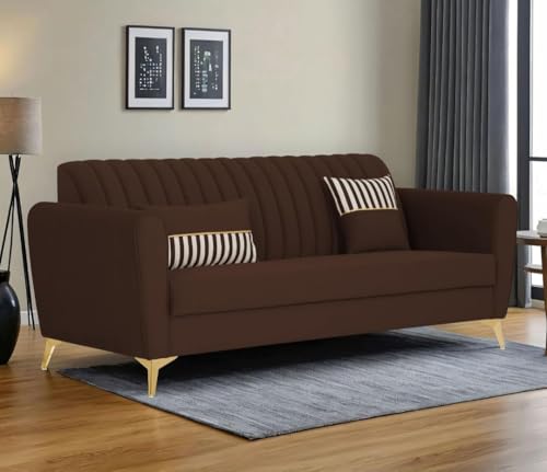 Image of MS Luxury FURNITRE Premium Luster 3-1-1 Sofa Set | Velvet Suede Fabric | 3-Year Warranty | Color Beige with Golden Legs & Striped Pattern Cushion wit Centre tabule Free (Brown, 3 seatar)