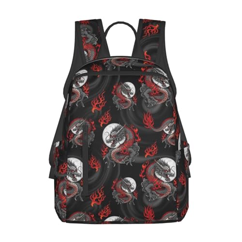 College Backpack, Travel, or Work Bookbag, Spacious and Versatile for Daily Use, Black Red Chinese Dragon Art Daypack Rucksack