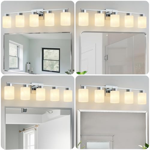 Image of 5-Light Bathroom Light Fixtures, Modern Vanity Lights, Chrome Metal Wall Lamp with White Marble Glass for Bathroom, Mirror, Living Room, Bedroom, Cabinet, Porch, Hallway, E26 Base
