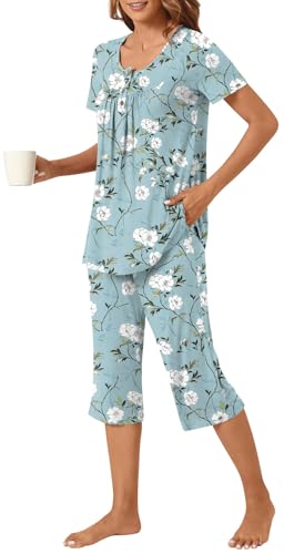 Image of Womens Summer Pajama Sets 2 Piece Short Sleeve Top and Capri Pants Plus Size Ladies Lounge Pjs Sets with Pockets
