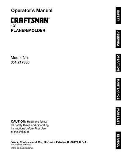 Instruction Manual for Craftsman 351.217330 Planer Owners Instruction ...