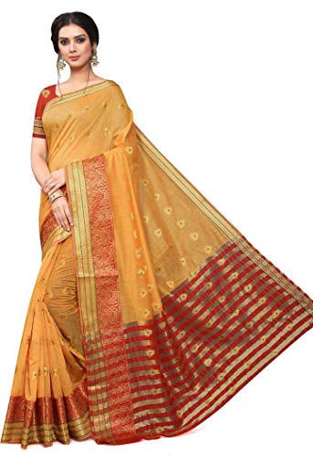 Womens Designer Cotton Silk Saree with Blouse Indian Dress Sari (LightOrange, Un Stitched)