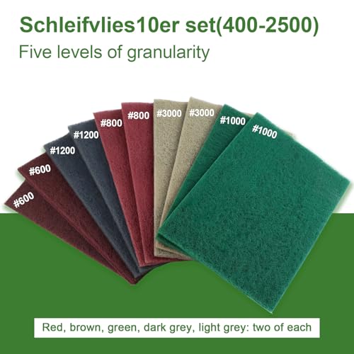 10 Stück Sanding Fleece Pads 150x230mm Set, Körnung 3000/1500/1000/800/600 Schleifwolle Pads Schleifpapier für Schleifvlies Metall Holz Edelstahl Polieren Reinigungsvlies