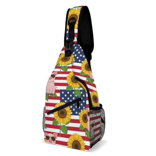 Men's Ultra Lightweight Sling Backpack, Anti-Theft Shoulder Crossbody Bag for Travel Workout, American Sunflower Flag Pig Daypack Bags