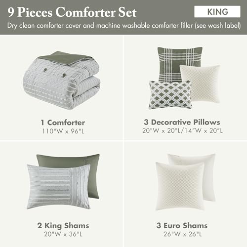 Image of Madison Park Comforter Set Cotton Clipped Jacquard, Oversized Comforters, All Season Down Alternative Overfilled King Size Comforter, Essence, Green 9 Piece