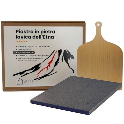 KIT PIETRA ANTIADERENTE LAVICA OLLARE ETNEA PER PIZZA 39 x 35 x 2 + PALA PER FORNO ELETTRICO A GAS E BARBECUE PER CARNE PESCE E VERDURE REFRATTARIA