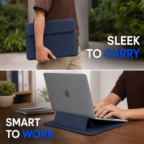 Image of Bigsmall Elevate Pro 14 Inch PU Leather Laptop Sleeve with Adjustable Stand, Compatible with MacBook Air /Pro 14 inch, iPad Pro 13 inch, Dell, HP, ASUS & Other 14-Inch Laptops, Magnetic Closure - Navy Blue