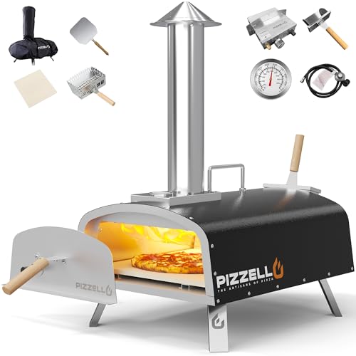 PIZZELLO Propane Pizza Oven Wood Fired Outdoor Foldable Pizza Ovens with Gas Burner, Wood Tray Pizza Stone, Pizza Peel, Cover (Black)