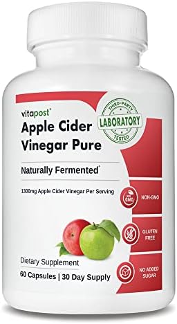 VitaPost Apple Cider Vinegar Pure Apple Cider Vinegar Capsules with Naturally Fermented 1300mg Apple Cider Vinegar Concentrate. No Harsh Taste. 60 Capsules