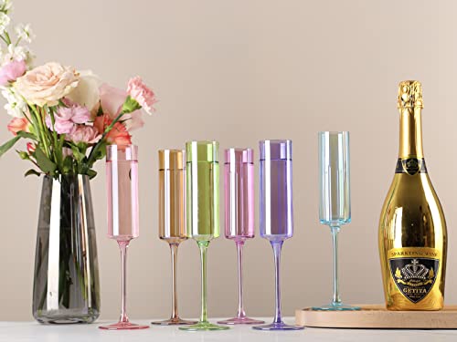 Physkoa Champagne Flutes Colored - Square Champagne Flutes With Multi Color,Leadfree Crystal Champagne Glasses,Modern Edge Champagne Glasses Set Of 6 For Wedding,Engagement,Bridal Shower #TOP1