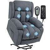 HOMCOM Power Lift Recliner Chair with Massage, Linen Overstuffed Lift Chair for Elderly, Electric Recliner Armchair with Footrest, Remote Control and Side Pocket, for Living Room, Grey