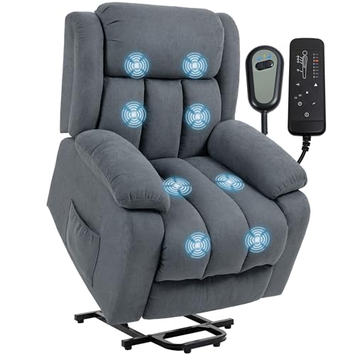 HOMCOM Power Lift Recliner Chair with Massage, Linen Overstuffed Lift Chair for Elderly, Electric Recliner Armchair with Footrest, Remote Control and Side Pocket, for Living Room, Grey