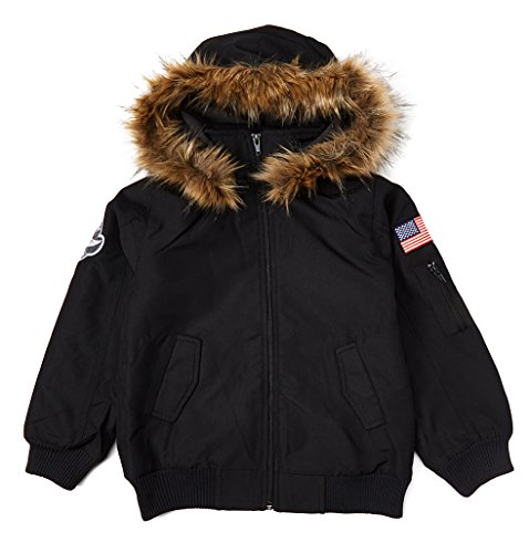 Image of iGirlDress Little Boys Black Hooded Fur Jacket Coat Winter Warm Air Force Flight Bomber Size 2