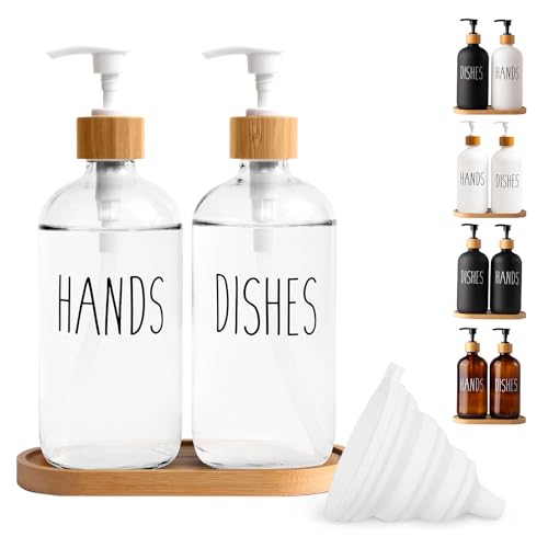Image of LOOCHICA Clear Glass Soap Dispenser Set with Tray, Transparent Dish and Hand Soap Dispenser Set, Refillable Reusable Apothecary Soap Pump Dispenser Bottles for Bathroom and Kitchen