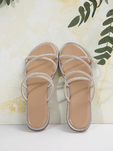 OYOANGLE Women's Rhinestone Flat Sandals Fashion Slides Open Toe Slide Casual Slippers4