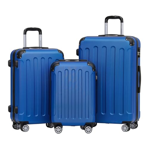 BEIBYE Kofferset 3-teilig – Kabinenkoffer, Reisekoffer und XL-Koffer aus ABS mit Doppelrollen und Zahlenschloss, Blau